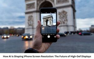 High-resolution display on an iPhone showcasing advanced screen technology influenced by AI.